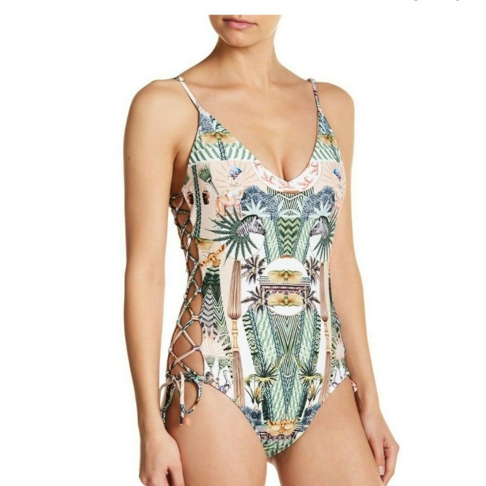 RACHEL Rachel Roy Green and Pink Symmetrical One Piece CLEOPATRA